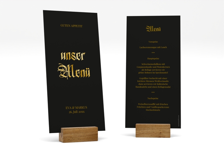 Menükarte Hochzeit Wednesday lange Karte hoch schwarz gold