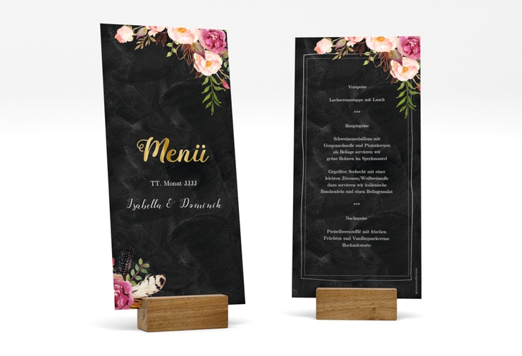 Menükarte Hochzeit Flowers lange Karte hoch schwarz gold mit bunten Aquarell-Blumen