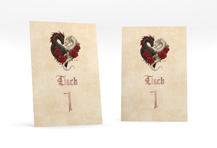 Tischnummer Hochzeit Drachenliebe Tischaufsteller rosegold mit schwarzem und weißem Drachen zu einem Herz verschlungen