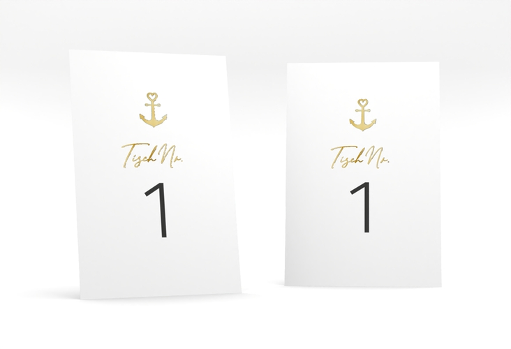 Tischnummer Hochzeit Ankerliebe Tischaufsteller gold im minimalistischen maritimen Design mit Anker