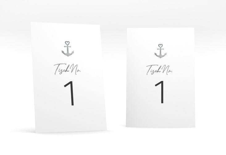 Tischnummer Hochzeit Ankerliebe Tischaufsteller silber im minimalistischen maritimen Design mit Anker