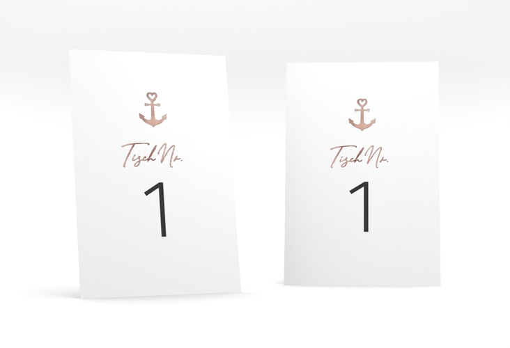 Tischnummer Hochzeit Ankerliebe Tischaufsteller rosegold im minimalistischen maritimen Design mit Anker