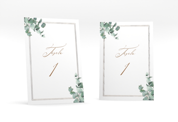 Tischnummer Hochzeit Eucalypt Tischaufsteller silber mit Eukalyptus und edlem Rahmen