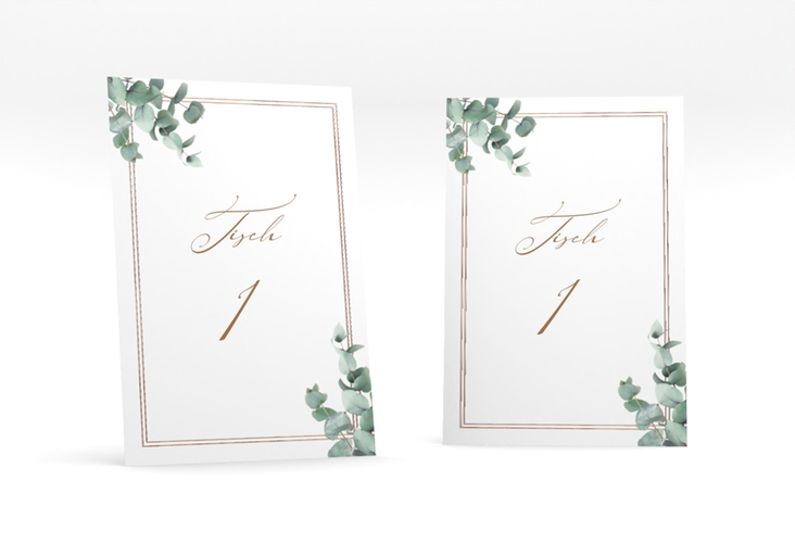 Tischnummer Hochzeit Eucalypt Tischaufsteller rosegold mit Eukalyptus und edlem Rahmen