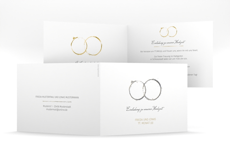 Hochzeitseinladung Trauringe mittlere Klappkarte quer silber minimalistisch gestaltet mit zwei Eheringen