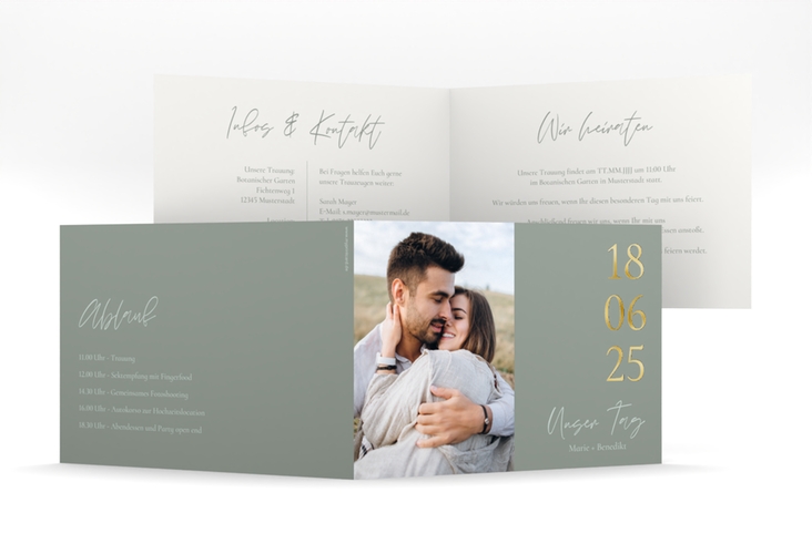Hochzeitseinladung Unser Tag mittlere Klappkarte quer gold mit Foto und großem Datum
