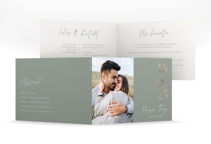 Hochzeitseinladung Unser Tag mittlere Klappkarte quer rosegold mit Foto und großem Datum