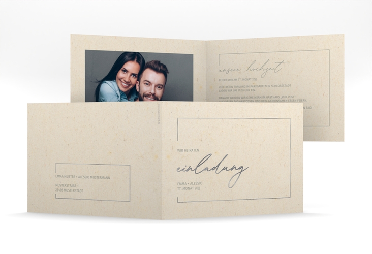 Hochzeitseinladung Simple Line mittlere Klappkarte quer silber