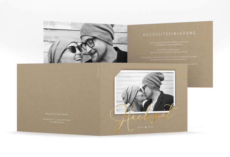 Hochzeitseinladung Crafty mittlere Klappkarte quer gold mit Foto des Brautpaars