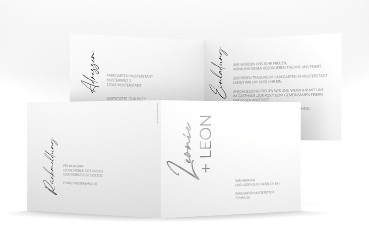 Hochzeitseinladung Your Name mittlere Klappkarte quer silber