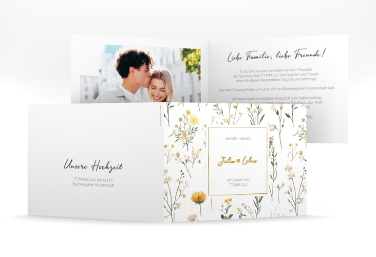 Hochzeitseinladung Blumenwiese mittlere Klappkarte quer gold