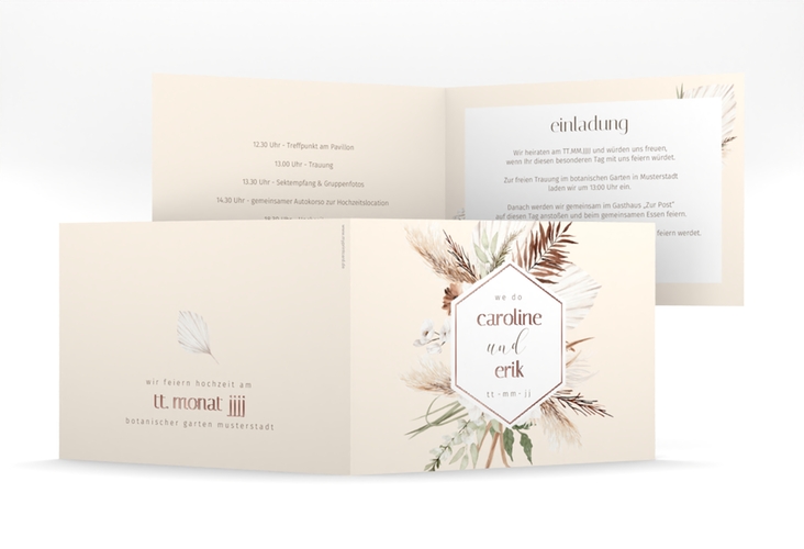 Hochzeitseinladung Bohemian mittlere Klappkarte quer rosegold