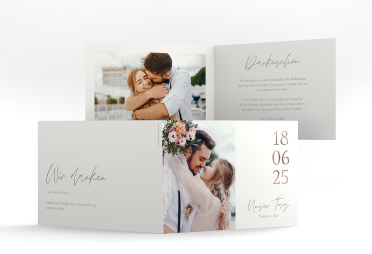 Danksagungskarte Hochzeit Day A6 Klappkarte quer weiss rosegold mit Datum im minimalistischen Design