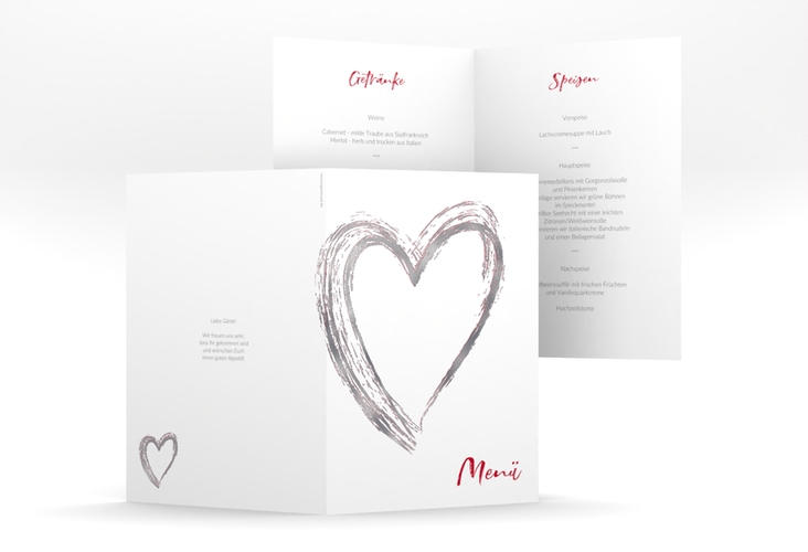 Menükarte Hochzeit Liebe A5 Klappkarte hoch rot silber
