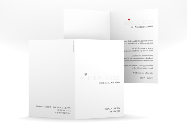 Einladungskarte Hochzeit Embossing A6 Klappkarte hoch rot silber