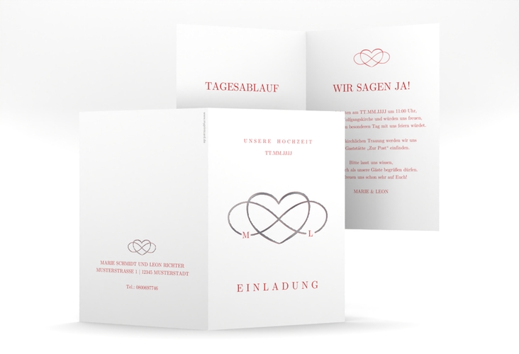 Einladungskarte Hochzeit Infinity A6 Klappkarte hoch rot silber