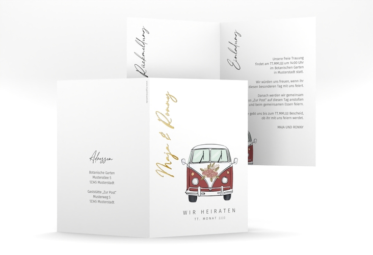 Einladungskarte Hochzeit Hochzeitsbulli A6 Klappkarte hoch rot gold mit Gräsern und Trockenblumen für Boho-Hochzeit