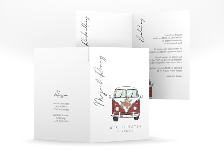 Einladungskarte Hochzeit Hochzeitsbulli A6 Klappkarte hoch rot silber mit Gräsern und Trockenblumen für Boho-Hochzeit