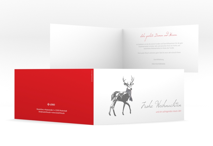Geschäftliche Weihnachtskarte Hirsch lange Klappkarte quer rot silber mit Hirsch mit Schal