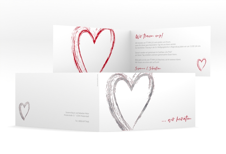 Hochzeitseinladung Liebe lange Klappkarte quer rot silber