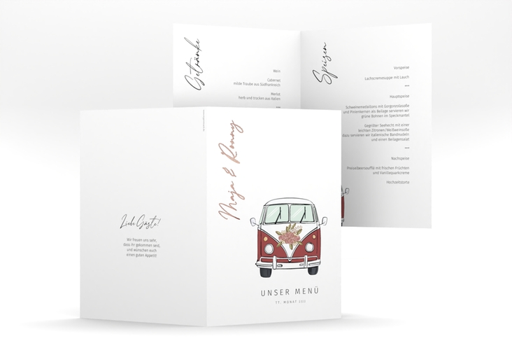 Menükarte Hochzeit Hochzeitsbulli A5 Klappkarte hoch rot rosegold