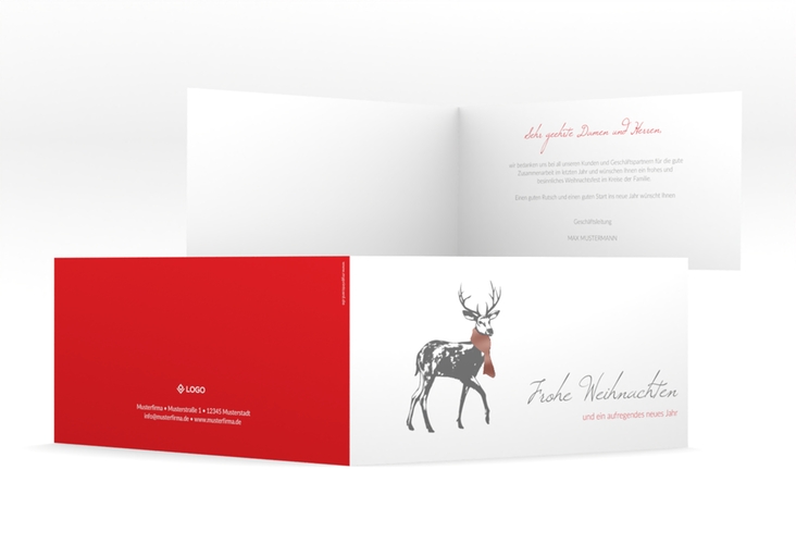 Geschäftliche Weihnachtskarte Hirsch lange Klappkarte quer rot rosegold mit Hirsch mit Schal
