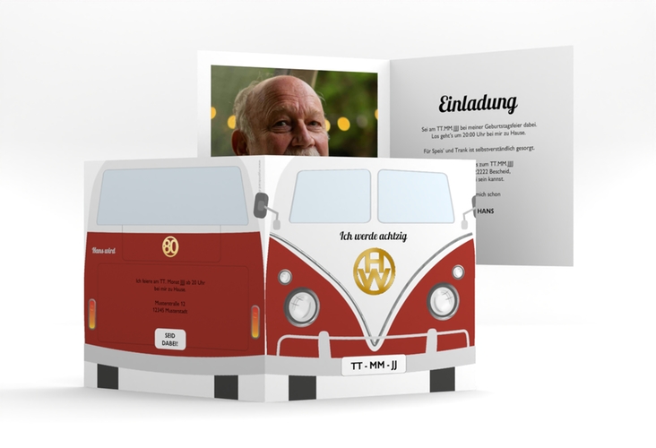 Einladung 80. Geburtstag Bulli Bus quadr. Klappkarte rot gold