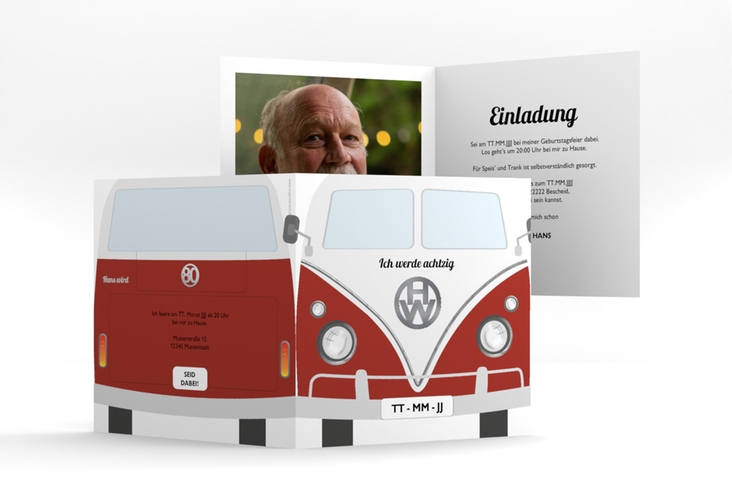 Einladung 80. Geburtstag Bulli Bus quadr. Klappkarte rot silber