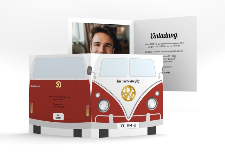 Einladung 30. Geburtstag Bulli Bus quadr. Klappkarte rot gold