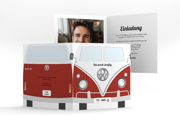 Einladung 30. Geburtstag Bulli Bus quadr. Klappkarte rot silber