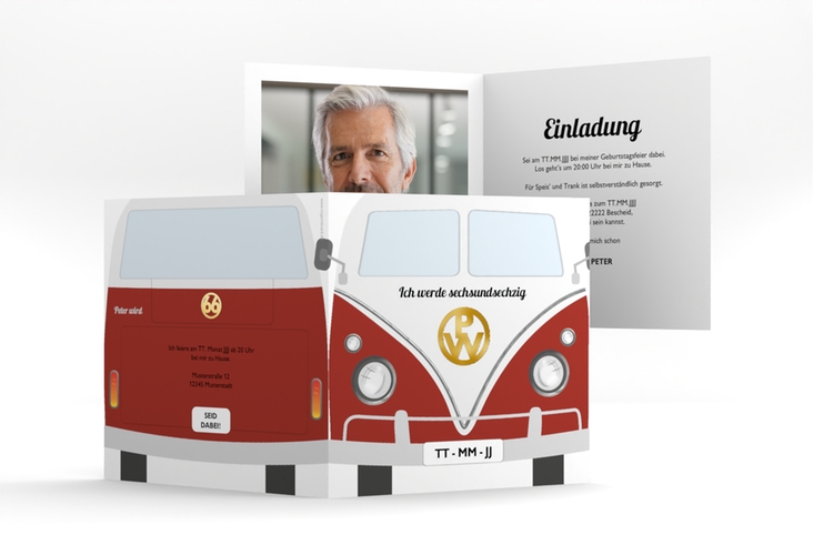 Einladung Geburtstag Bulli Bus quadr. Klappkarte rot gold