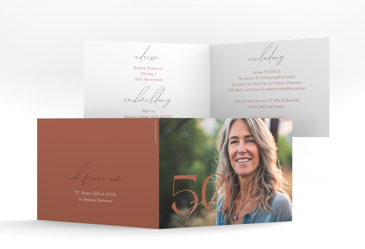 Einladung Geburtstag Ehrentag A6 Klappkarte quer rot rosegold