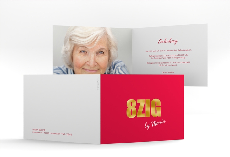 Einladung 80. Geburtstag Zig A6 Klappkarte quer rot gold