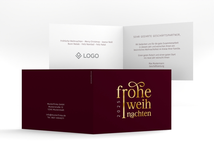 Geschäftliche Weihnachtskarte Präsent A6 Klappkarte quer rot gold