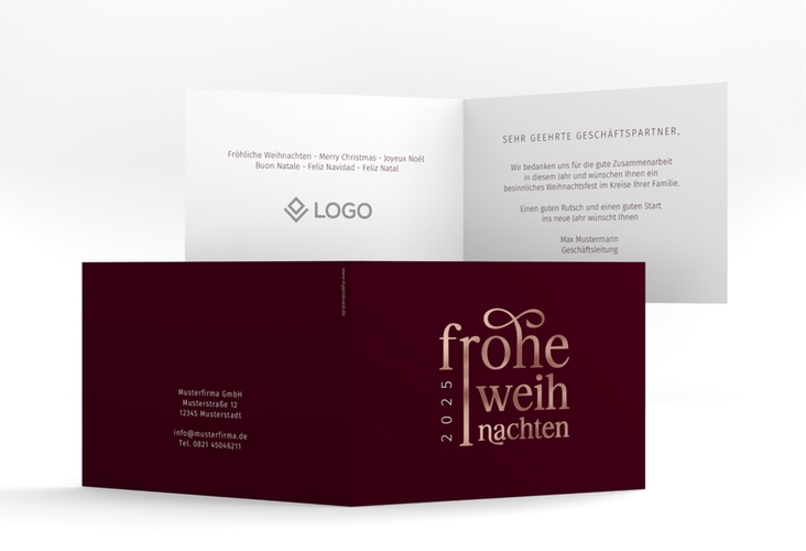 Geschäftliche Weihnachtskarte Präsent A6 Klappkarte quer rot rosegold
