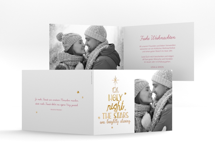 Weihnachtskarte Winterhimmel A6 Klappkarte quer rot gold mit Handlettering-Text und Foto