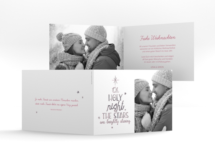 Weihnachtskarte Winterhimmel A6 Klappkarte quer rot silber mit Handlettering-Text und Foto