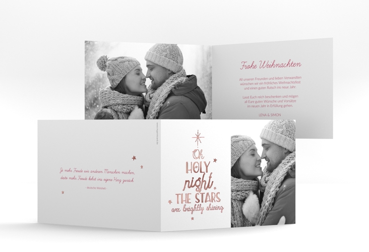 Weihnachtskarte Winterhimmel A6 Klappkarte quer rot rosegold mit Handlettering-Text und Foto