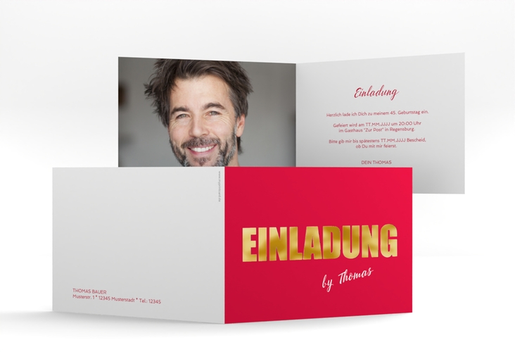 Einladung Geburtstag Zig A6 Klappkarte quer rot gold