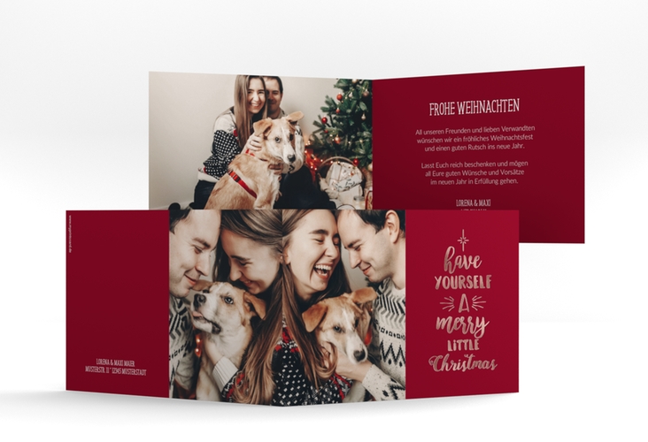 Weihnachtskarte Winterfreuden A6 Klappkarte quer rot rosegold