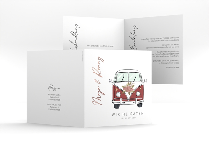 Hochzeitseinladung Hochzeitsbulli quadr. Klappkarte rot rosegold
