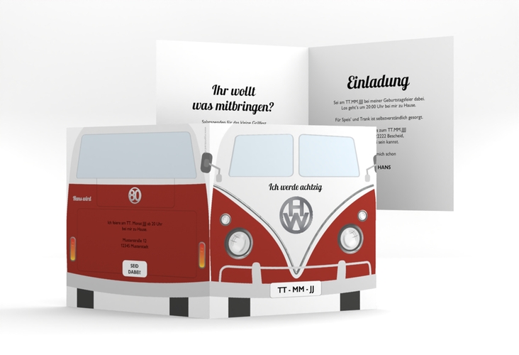 Einladung 80. Geburtstag Bulli Bus quadr. Klappkarte rot silber
