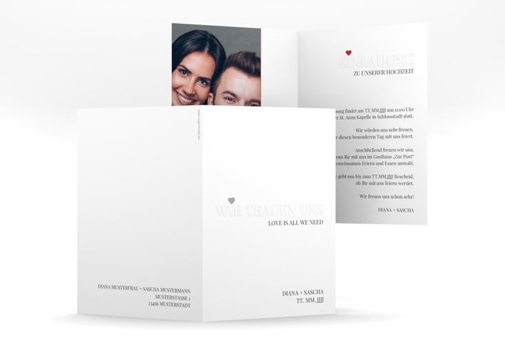 Einladungskarte Hochzeit Embossing A6 Klappkarte hoch rot silber