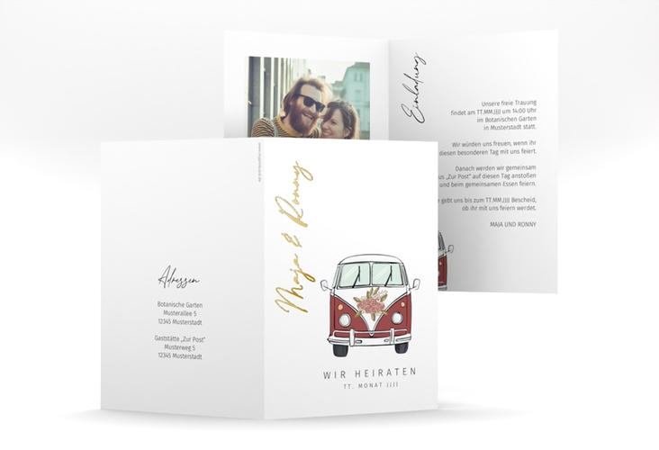 Einladungskarte Hochzeit Hochzeitsbulli A6 Klappkarte hoch rot gold mit Gräsern und Trockenblumen für Boho-Hochzeit