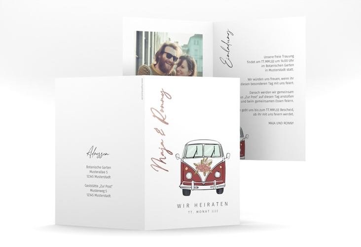 Einladungskarte Hochzeit Hochzeitsbulli A6 Klappkarte hoch rot rosegold mit Gräsern und Trockenblumen für Boho-Hochzeit