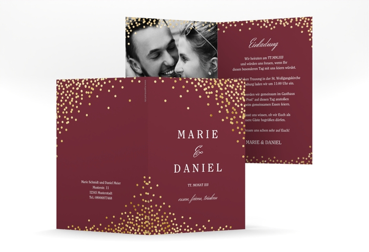 Einladungskarte Hochzeit Glitter A6 Klappkarte hoch rot gold