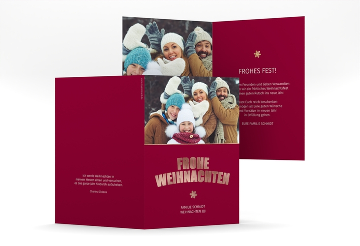 Weihnachtskarte Festtag A6 Klappkarte hoch rot rosegold zum Personalisieren mit Foto