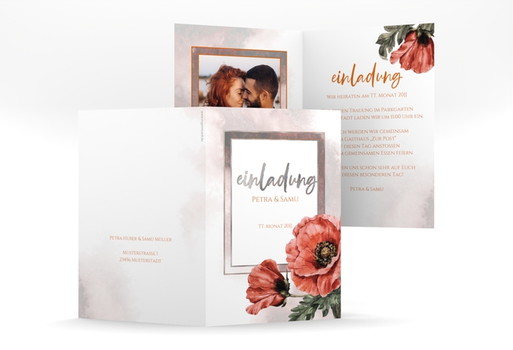 Einladungskarte Hochzeit Sommer A6 Klappkarte hoch rot silber mit Mohnblumen-Aquarell
