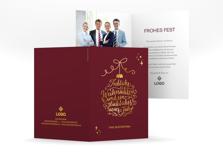 Business-Weihnachtskarte Lichterglanz A6 Klappkarte hoch rot gold für Firmen, mit Weihnachtskugel-Kalligrafie