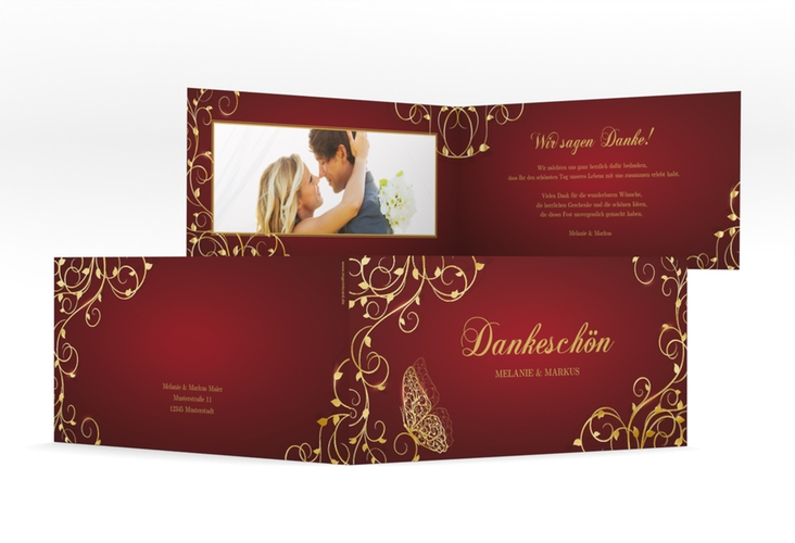 Danksagungskarte Hochzeit Eternity lange Klappkarte quer rot gold